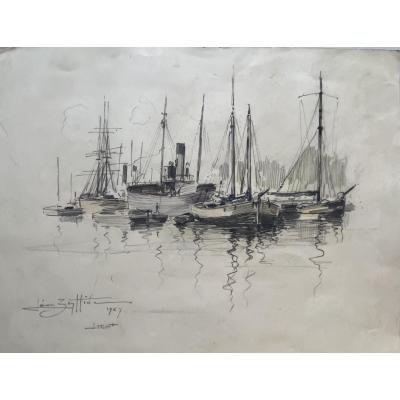 Watercolor Drawing "lorient 1927" Léon Zeytline