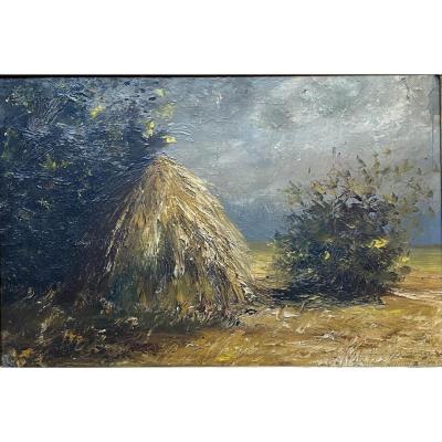 Oil On Panel "landscape With A Haystack"