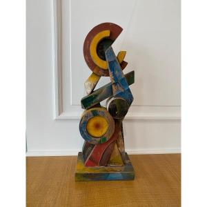 Cubist Sculpture In Polychrome Wood, Illegible Signature