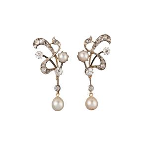 Pair Of Gold, Silver, Diamond And Fine Pearl Earrings Circa 1900