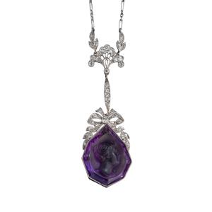 Platinum, Diamond And Amethyst Cameo Necklace, 1910s
