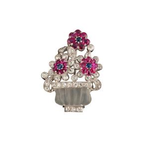 Floral Brooch In 18k White Gold, Rock Crystal, Diamonds, Rubies And Sapphires