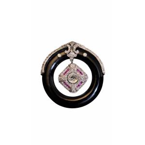 Gold, Platinum, Onyx And Diamond Pendant, Circa 1930