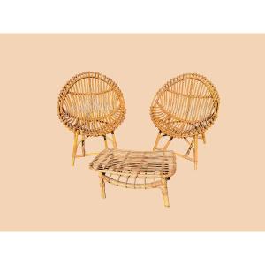 Pair Of Rattan Armchairs And Stool, Bonacina Edition, Circa 1960