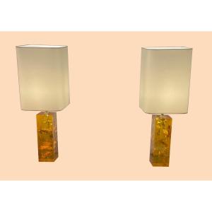 Pair Of Amber Fractal Resin Lamps, Marie-claude De Fouquières, Circa 1970