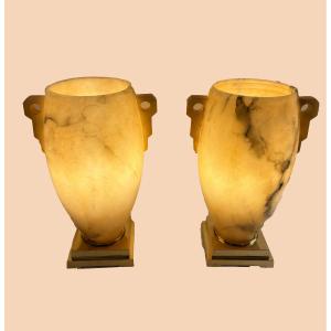 Pair Of Lamps In Alabaster And Gilded Brass 
