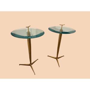 Pair Of Side Tables With "lens" Glass Tops And Brass Bases