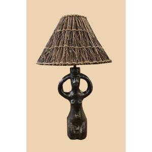 Ceramic Lamp With Tin-glazed Finish And Wooden Lampshade, Signed Ah