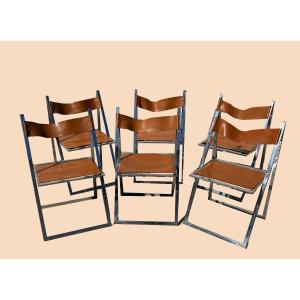 Set Of 6 Folding Chairs In Chromed Metal And Leather, Circa 1970