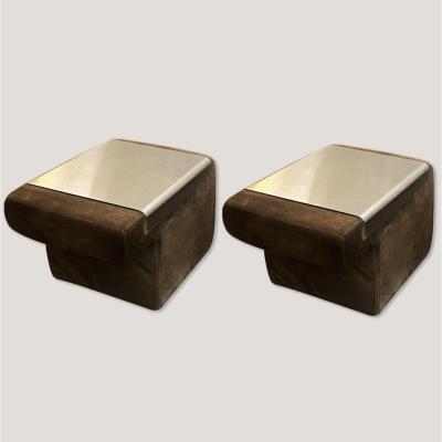 Pair Of Suede Bedside Tables With Removable Anodized Aluminum Tray, Circa 1970