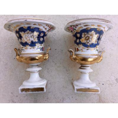 Pair Of Medici Vases Porcelain Paris Charles X Period (restoration)