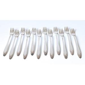 Twelve Solid Silver Seafood Forks 