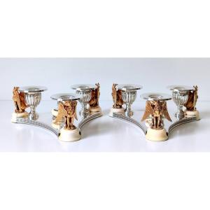 A Pair Of Solid Silver And Ivory Empire Style Candlesticks 