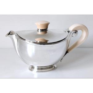 Art Deco Teapot In Solid Silver And Ivory Wolfers Model Méda