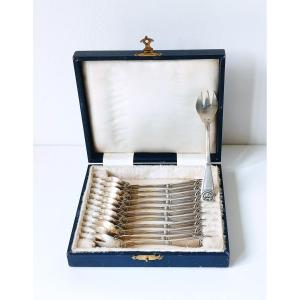 Twelve Solid Silver Oyster Forks 