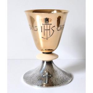 Sterling Silver And Ivory Hand Hammered Chalice With Paten 