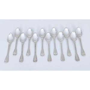 Twelve Solid Silver Mocha Spoons, Net Pattern 