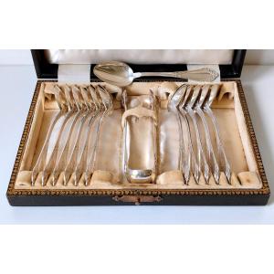 Twelve Art Nouveau Coffee Spoons With Sugar Tongs In Solid Silver 