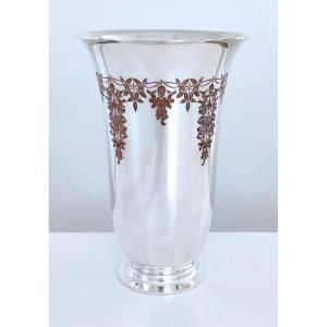 Art Deco Vase In Solid Silver And Red Lacquer Flecked With Gold Powder Philippe Wolfers 