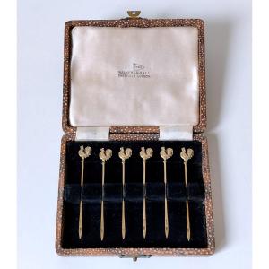 Six Cocktail Sticks Decorated With Roosters In Solid Silver Vermeil