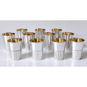 Eleven Chinese Solid Silver Rice Wine Cups 