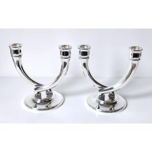 A Pair Of Art Deco Solid Silver Candlesticks 
