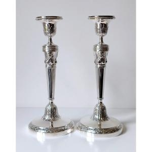 A Pair Of Empire Solid Silver Candlesticks From Liège 