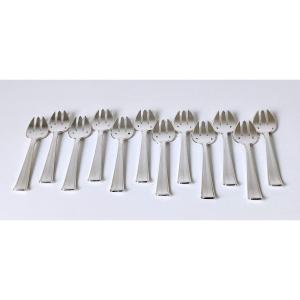 Twelve Christofle Art Deco Oyster Forks In Solid Silver 