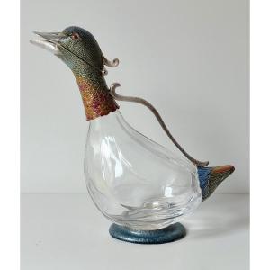 Duck-shaped Ewer In Glass And Solid Enameled Silver 