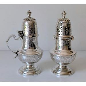 Sterling Silver Mustard Pot And Saupoudreuse Ghent 1719-1722 Jacobus Bruno Van Hoorebeke