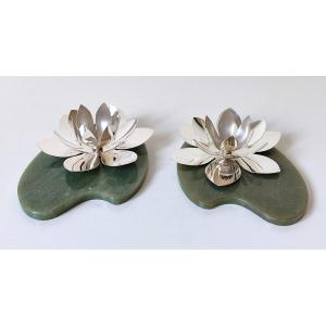 A Pair Of Solid Silver And Hardstone Water Lily Candleholders
