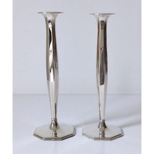 A Pair Of Small Table Vases In Solid Silver