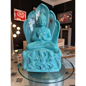 Large Buddha In Blue Ceramic From Vallauris