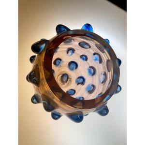 Round Polychrome Glass Vase Signed By Designer Yves Braun From 2001