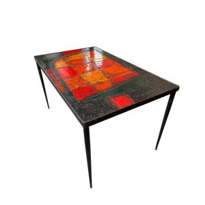 Iconic Coffee Table In Glazed Lava Tiles By Robert And Jean Cloutier - 1950s