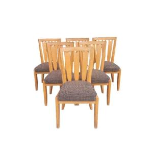 Series Of Six Vintage Chairs In Light Oak, Guillerme And Chambron