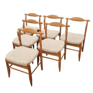 Set Of Six "fumay" Chairs In Light Oak, Guillerme And Chambron