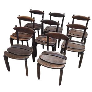 Set Of Eight Thierry Chairs In Patinated Solid Oak,  Guillerme Et Chambron