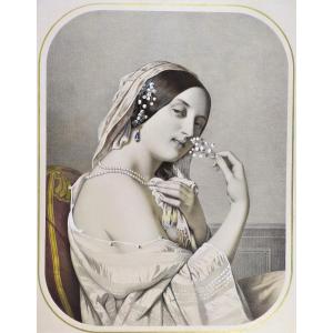 Oriental Woman Watercolored Lithograph