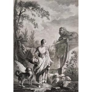The Young Shepherdess Engraving Etching Old Print After François Boucher 18th C