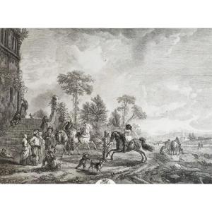 Carousel Horses Etching Engraving Old Print 18th C After Wouverman