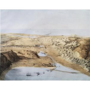 Suez Isthmus Panoramic View Large Lithography Old Print19th C