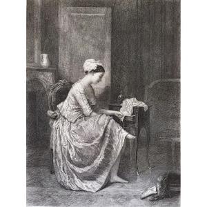 Portrait Of Young Girl Etching 19th C.