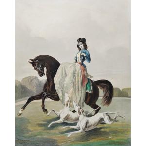 Horse Amazon And Two Greyhounds After Alfred De Dreux  19th C Lithography By Z.gingembre