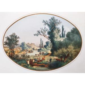 Landscape A Summer Day 19th Century Watercolored Lithograph Print