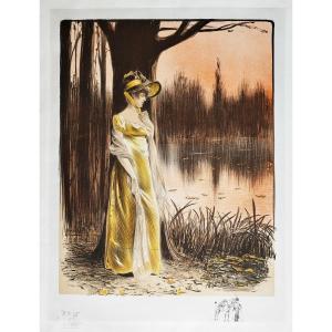 Woman At The Edge Of A Lake, Lithograph By Louis Vallet