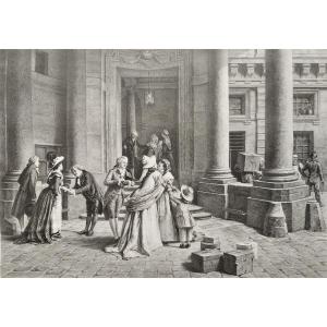 The Arrival To The Castle Very Large Lithograph By Pirodon Old Print