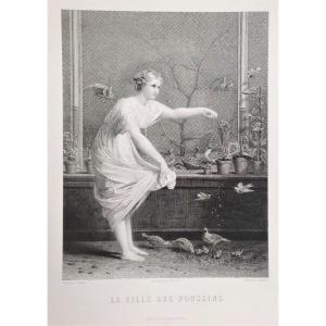 Etching the Girl With Chicks Engraving After Jean-louis Hamon Old Print