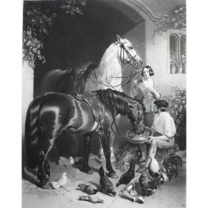 Horses Large Engraving  By Thomas Atkinson After John Frederick Herring Etching Old Print 19th C