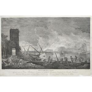 Seascape Engraving After Joseph Vernet, Harbour In Fire Etching 18th C Old Print
